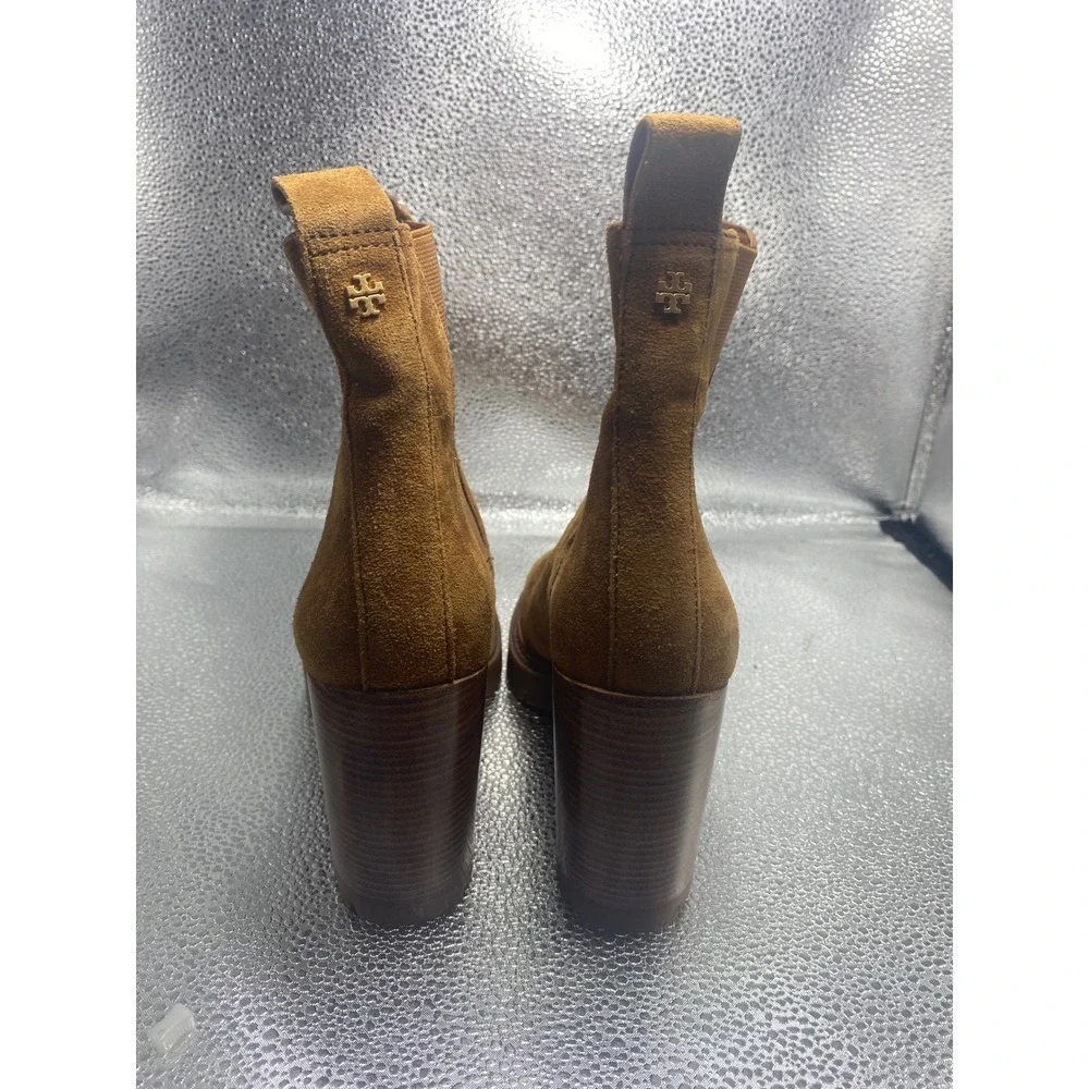 Tory Burch Lug Sole Suede Chelsea Boots Tan Block Heel Logo Ankle Booties 8.5